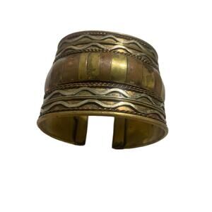 Vintage Chunky Wide Mixed Metal Brass Copper Boho Cuff Bracelet Bangle